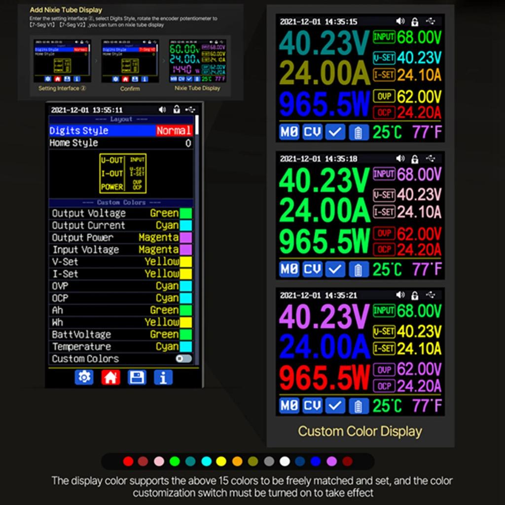 RD6024 24A 12V 60V Adjustable Step Down Voltage Power Supplys 2.4 Inch Color PC Software Control Multifunctional Power Supplys