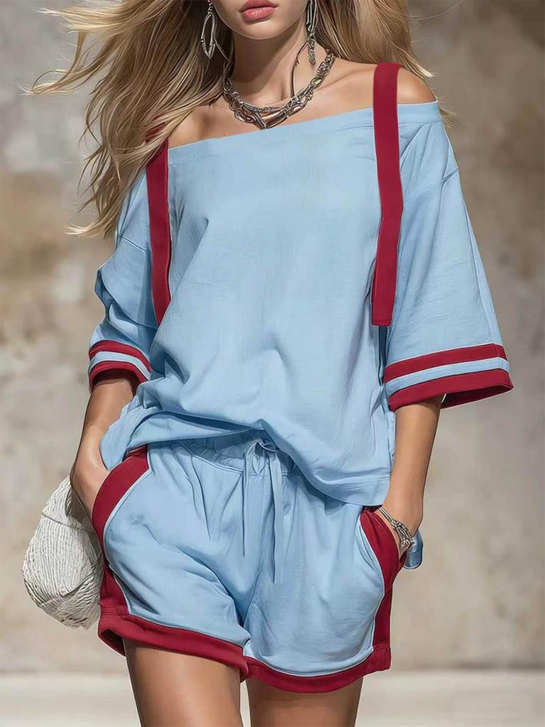 2026 Amazon European and American cross-border spring and summer women's suit off-the-shoulder top + shorts sports and leisure two-piece set