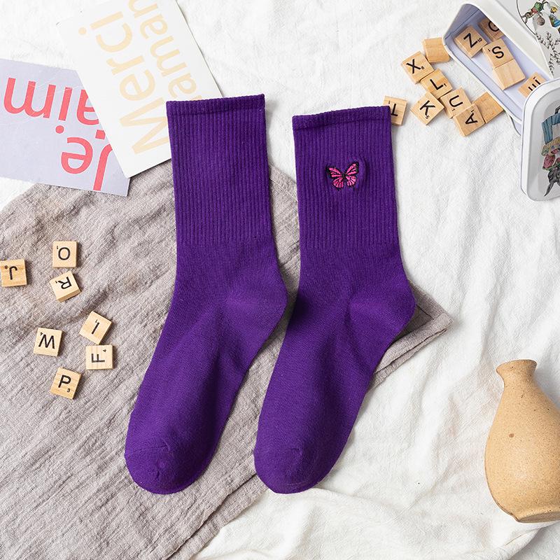 

Осенние женские носки, однотонные носки с принтом бабочки, модные мягкие хлопковые дышащие женские носки Sokken фиолетовый