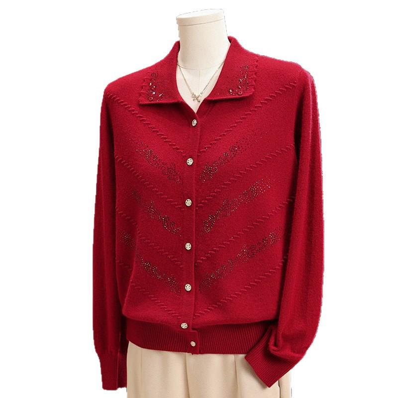 Elderly Women's Pure Wool Knitted Cardigan, Loose Plus Size Outerwear for Spring and Autumn