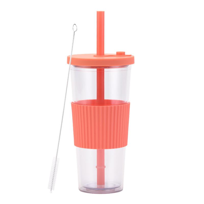 2025 Large Capacity Double Layer Plastic Cup Large Hole Straw Pearl Boba Milk Tea Cup Portable Outdoor Straw Cup