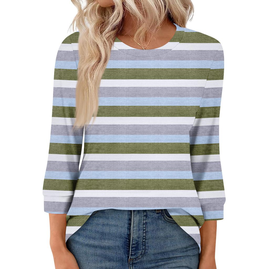 Women's Fashion Casual Seven Sleeve T-Shirt Print Round Neck Top
