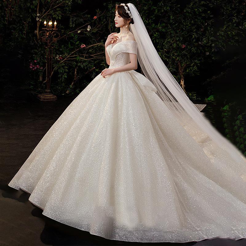 Vestido de noiva verão nova noiva estilo francês corte arrastando hua textura pesada indústria cobrindo braços grossos