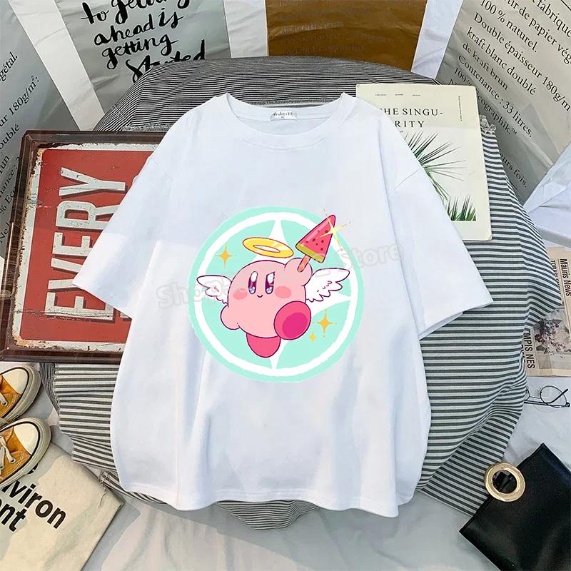 Kirby Shirt Summer O-neck Round T-shirt Cotton Short-Sleeve Tops Solid Color Adult Printed Anime White Tshirt Collar Couple Tees
