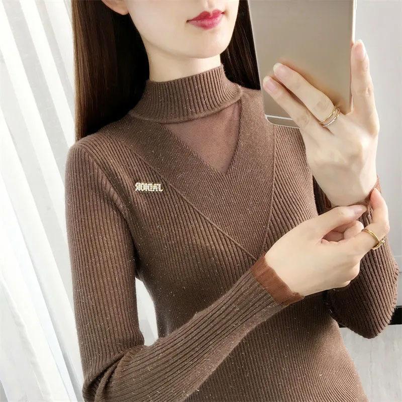 Svetr s výstřihem do V Dámský podzim a zima Krajka s vysokým límcem Pohodlné Teplé Vnitřní Ležérní Všestranný Elastický pulovr Pletené svetry