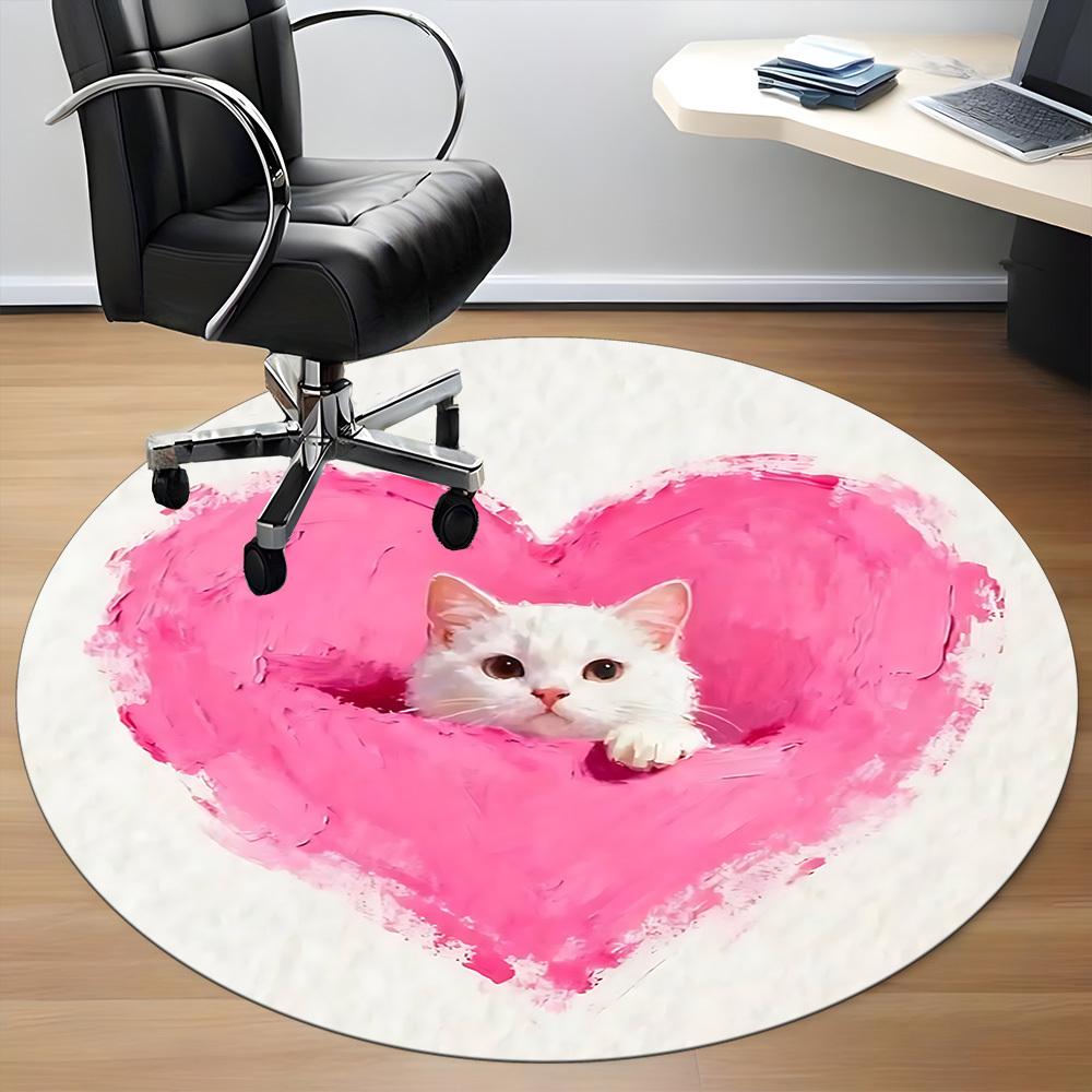 1PC Heart Cat Office Round Area Rug,  Mat Suitable ForOffice, Under Office Chairs Bedroom Living Room Home Decor, Room Deco