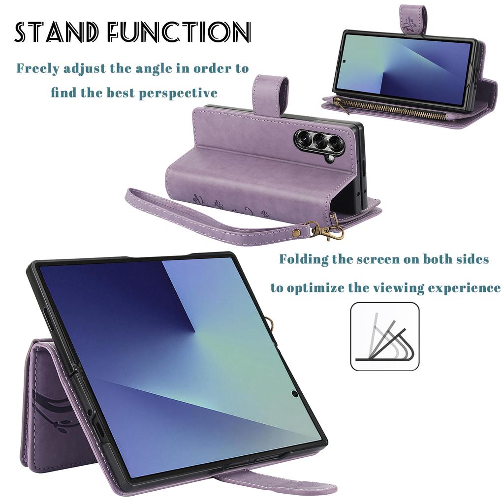 Wrist Strap Leather Zipper Wallet Card Slot Phone Case for Samsung Galaxy Z Fold 7 6 5 4 3 Fold6 Fold5 Fold4 Flip Stand Cover