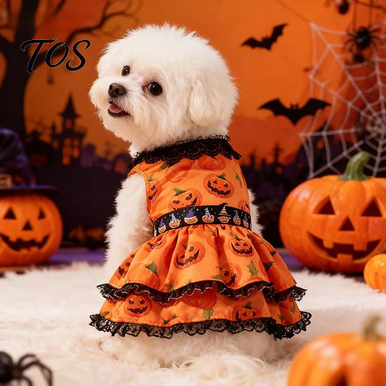 Soft Dog Clothing Halloween Pumpkin Dress, Black Lace Neck Outfit, Ruffled Festive Costume Autumn Pet Party for Small Dogs Holiday Dress