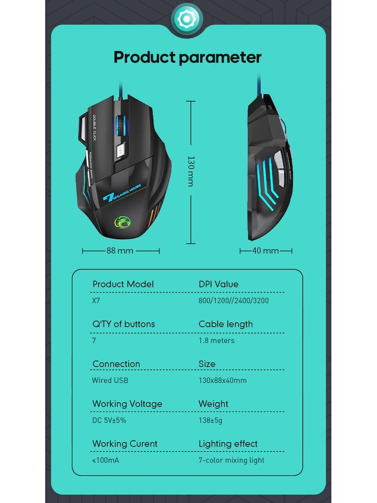 Souris Gaming Filaire IMICE X7: Design Lumineux Coloré, 7 Boutons, Bouton de Tir, Long Câble USB