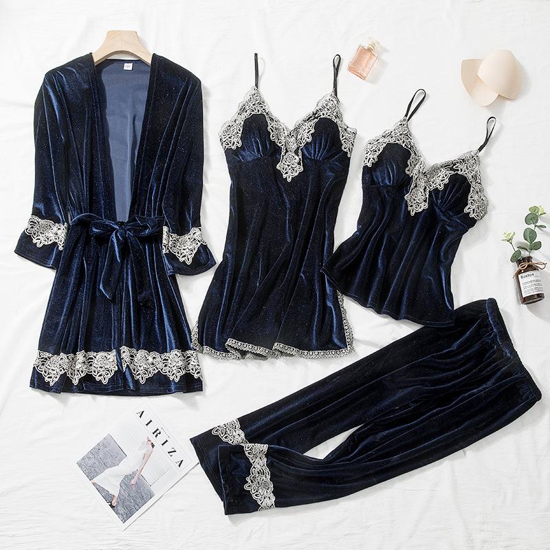 Catifea femeie pijamale pijamale set din patru piese sexy dantelă garnitură halat de baie pantaloni costume toamnă iarnă din catifea haine acasă haine de lounge