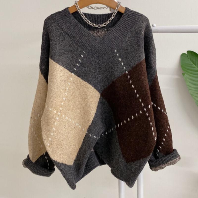 Honey J V Neck Colorblock Diamond Long sleeVe Knit 3color