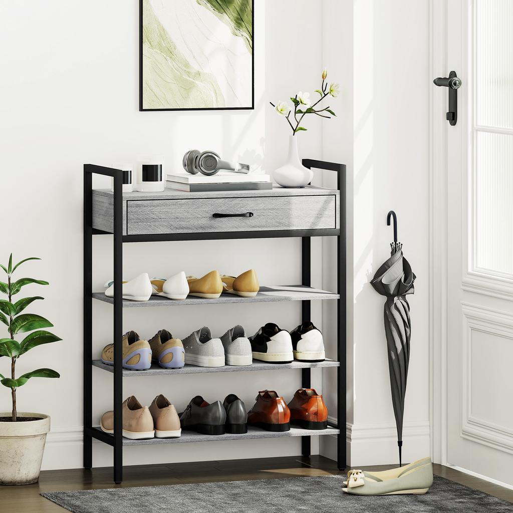 4-Tier Shoe Rack, Hallway Shelf for Up To 9 Pairs of Shoes, Particleboard, Metal, Grey