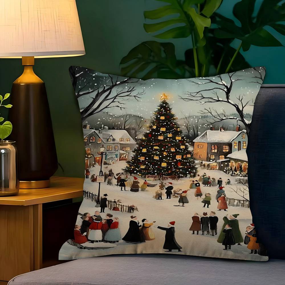 Winter Town Holiday Printable Christmas Tree Stitch Dragon Pillow Cover Sofa Cushion Cover Home Room Decoration Children Gift