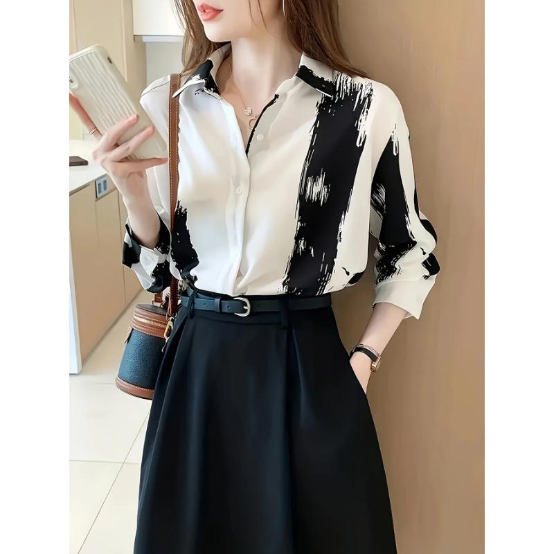 Boutique Ladies Lapel Button Shirt Elegant Temperament Long Sleeve Textured Design Shirt Ladies Daily Commuter Fashion Shirt