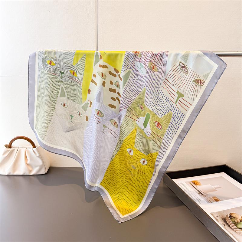 Luxury Cat Print Cute Style Square Scarves Women Silk Scarf Floral Bandana Small Neckties Hairbands Foulard Shawl
