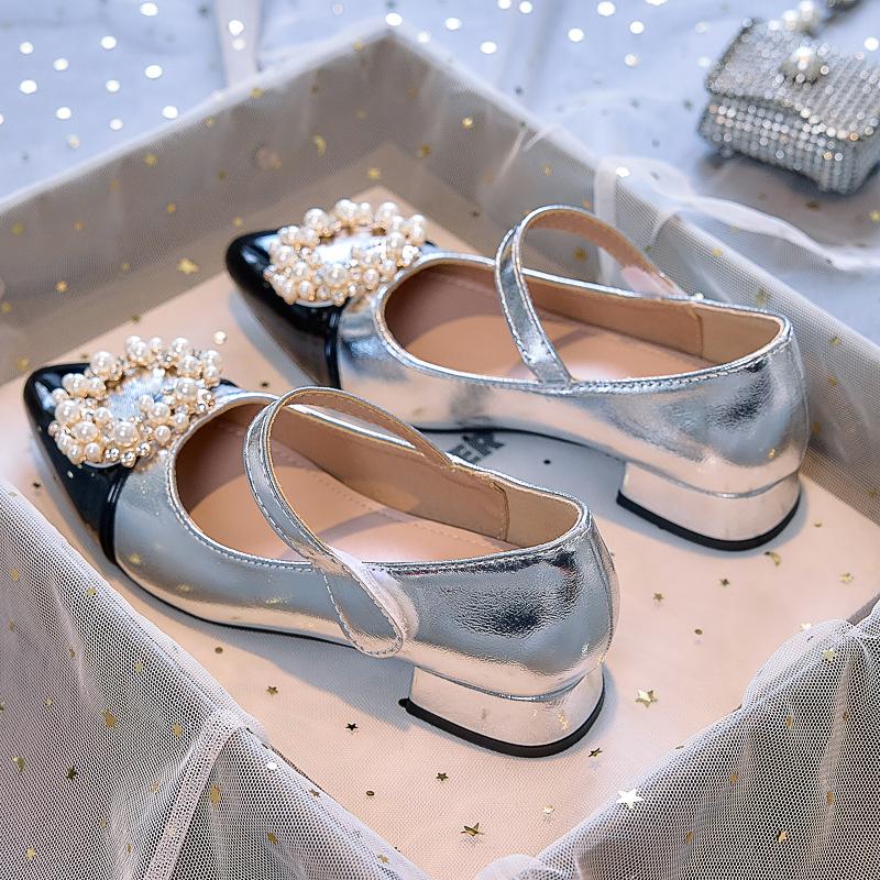 2025 New Princess Shoes French Pearl Round Buckle Velcro Girls Single Shoes Foreign Style Flat Bottom Princess Small Leather Shoes Women