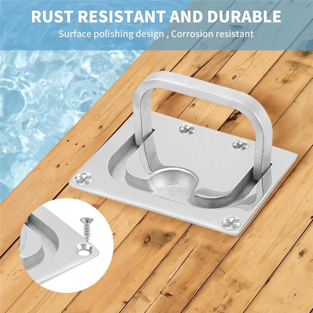 2-Pack Marine Grade 316 Stainless Steel Boat Pull Pan Lift Ring – Foldable Flush Deck Hatch Handle With Mounting Screws – 76x57mm, 9mm Thick