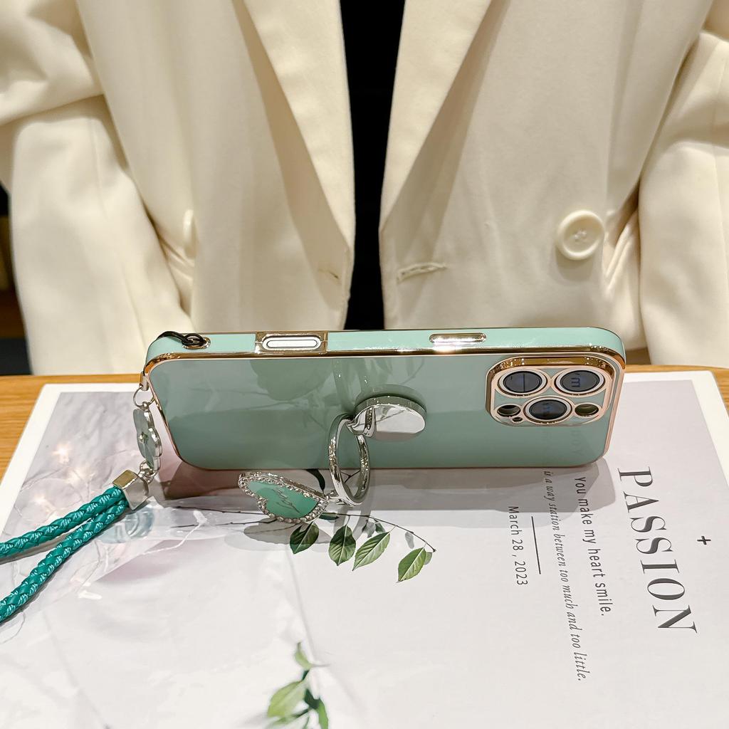 Luxury Wrist Strap Love Heart Stand Plating Camera Lens Protect Bumper Phone Case For iPhone 17 Air 16 15 14 Plus 13 12 11 Pro Max SE Girls Cute Cover