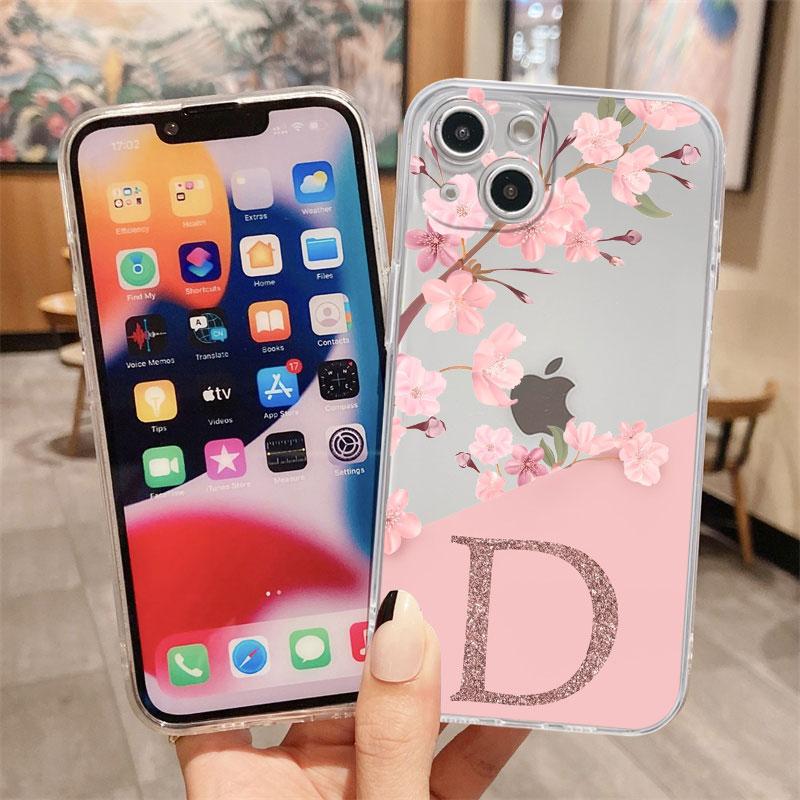 Flower Letter Pink Fashion Initial Clear Case pro Apple iPhone 14 11 13 12 Pro 7 8 Plus XR X XS Max 6 6S silikonový kryt na telefon