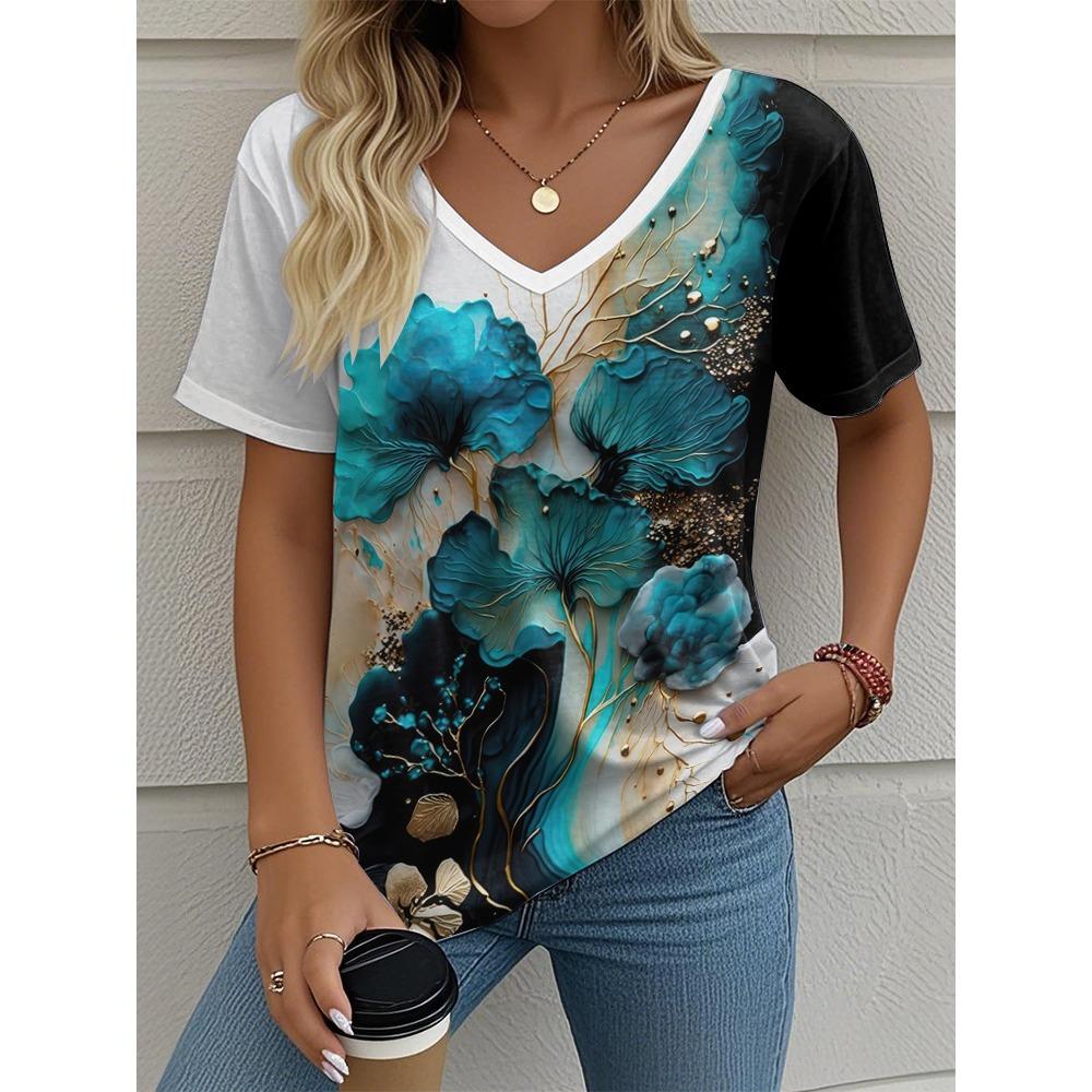 Blumen Damen V-Ausschnitt T-Shirt Sommer Outdoor Lässig Kurzarm Tops Mode 3D-Druck Trendig Übergröße Damenbekleidung