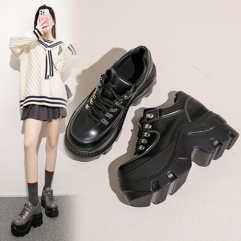 Goth Babes Rock Dark Punk Round Head Heightening Versatile Lace-up Platform Muffin Shoes Subcultural Small Leather Shoes