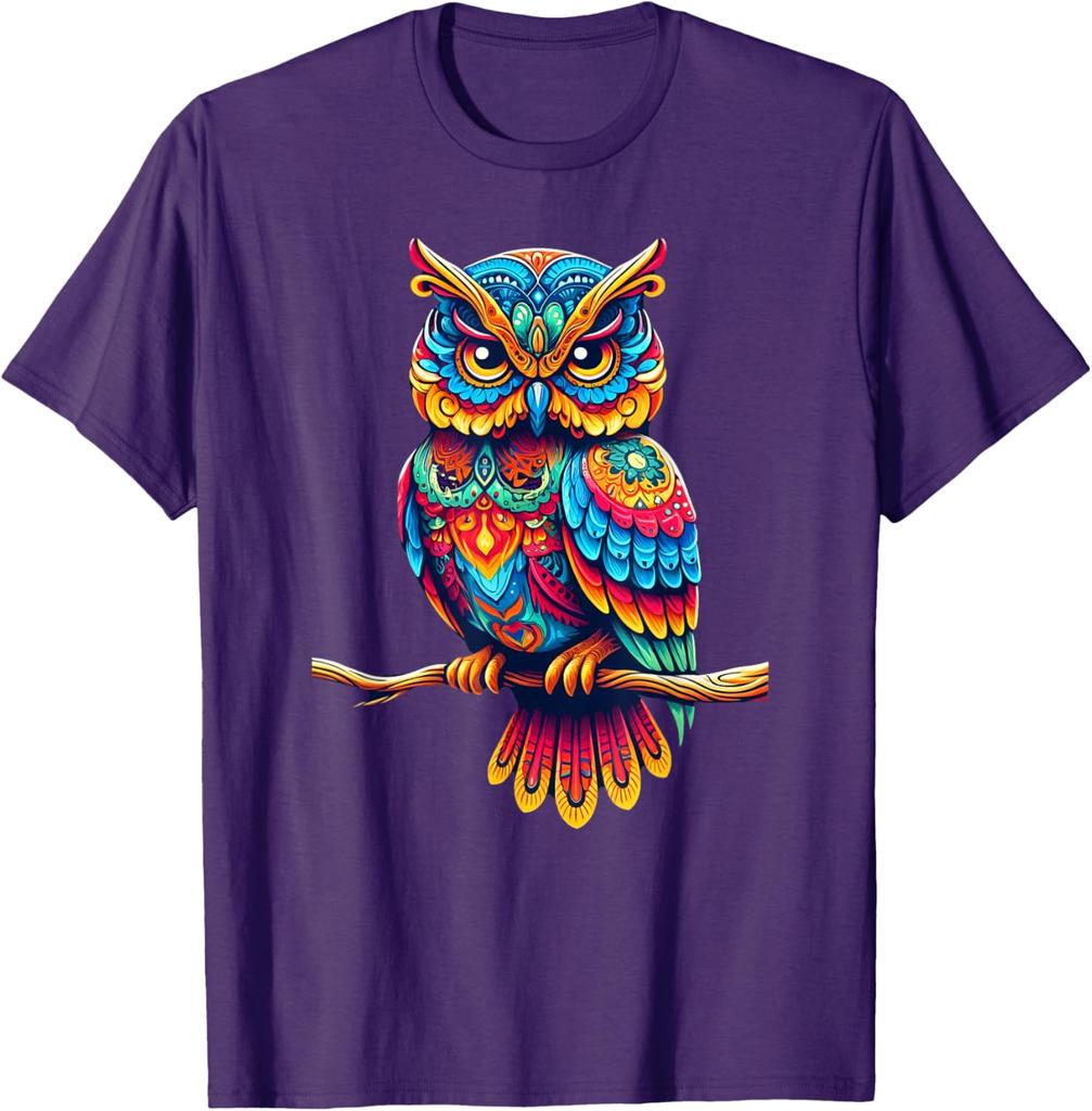 Colorful Psychedelic Owl Perched on Branch Graphic T-Shirt Casual Cotton Tee for Men