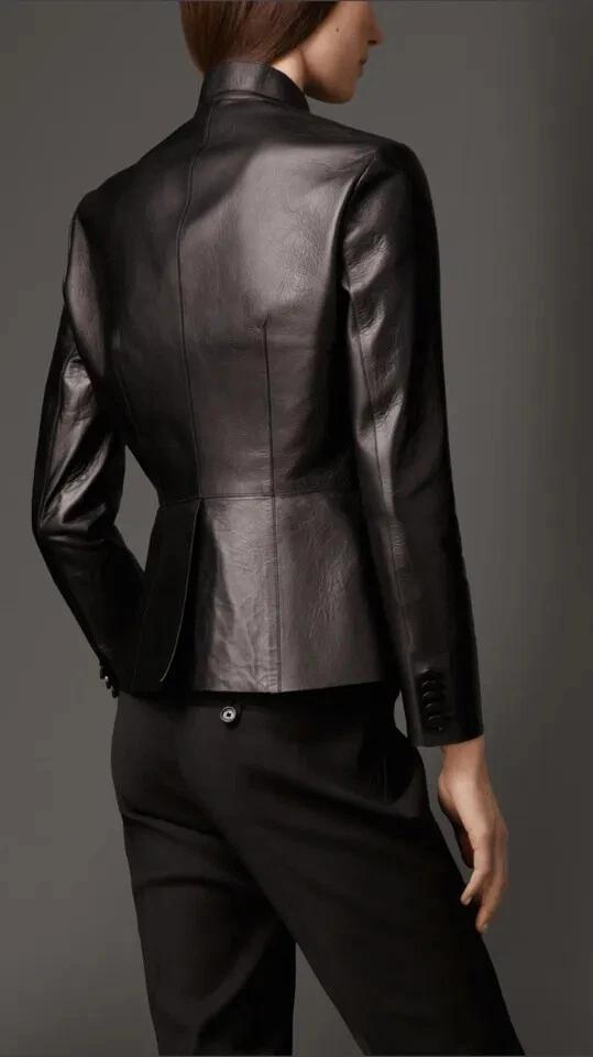 Stilvoller Knopf Damen Schwarz Klassisch Echt Lammleder Handgefertigt Leder Party Blazer