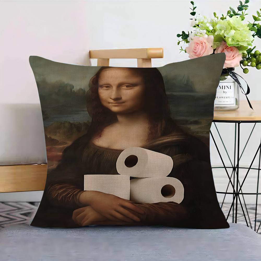 Funny Mona Lisa Wearing Pearls Girl Cushion Cover Pillowcase Upholstery Sofa Throw Pillow Home Decor Pillowcas