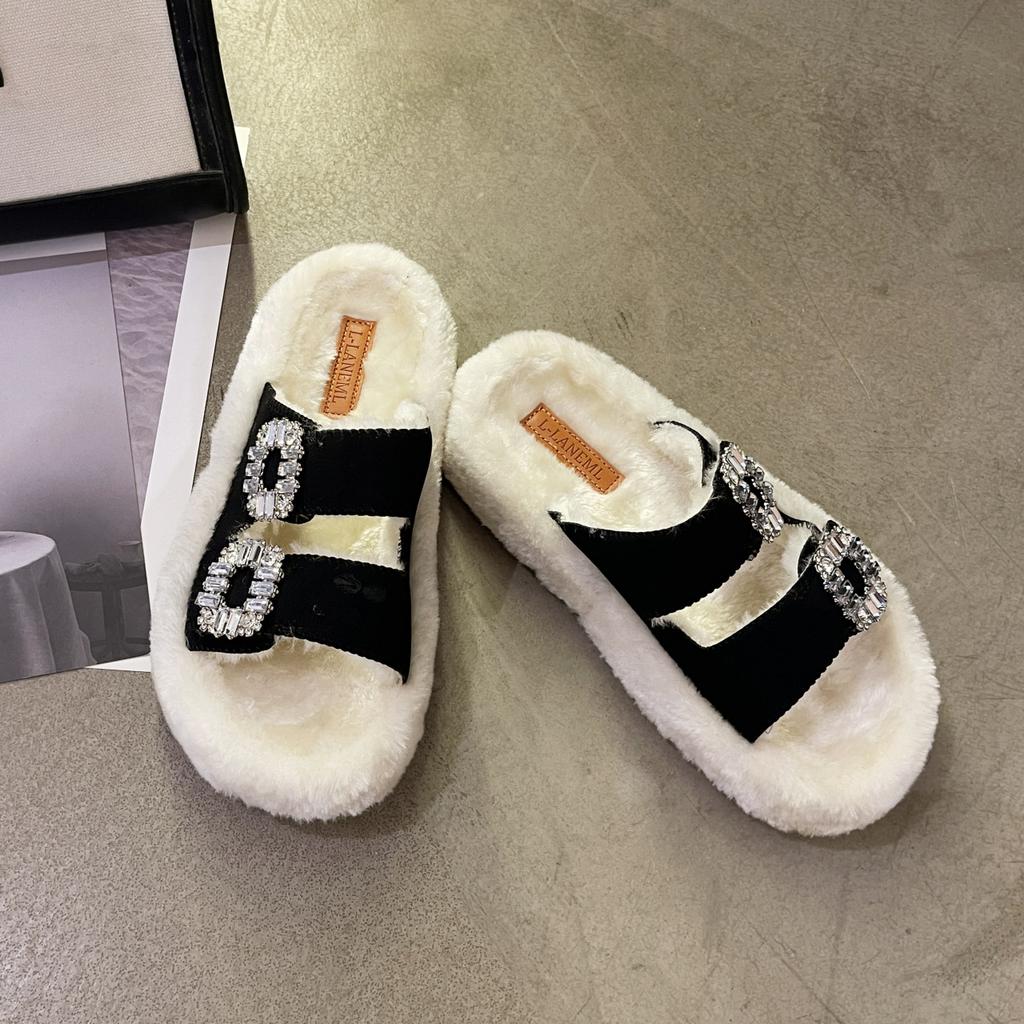 Fashion 2024 Women's New Thick Bottom Hairy Slippers  Women's Large Size Water Diamond, Autumn Winter with Plush Cotton Slippers