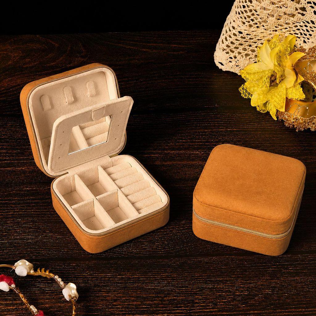 High-End Jewelry Storage Box with Mirror Pattern for Rings, Earrings, Necklaces - Women's Zipper Style Organizer.