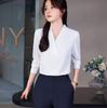 Women's Wrinkle-Resistant Chiffon V-Neck Long-Sleeve Shirt - Collarless White Workwear Top for Autumn