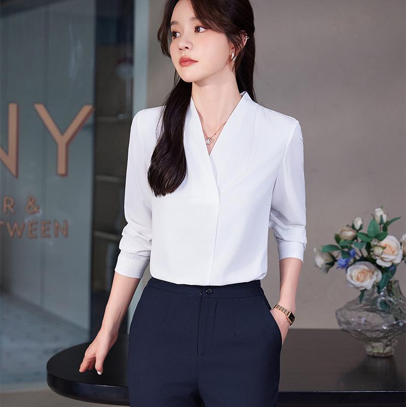 Women's Wrinkle-Resistant Chiffon V-Neck Long-Sleeve Shirt - Collarless White Workwear Top for Autumn