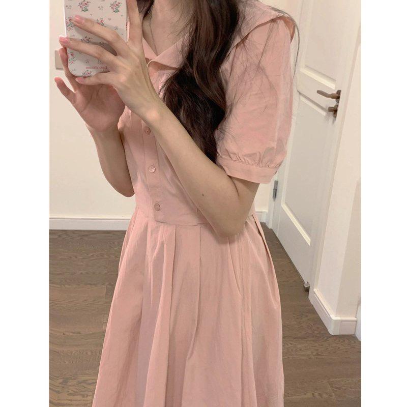 Französisches Chic tailliertes Hemdblusenkleid mit Revers - Damen Sommer Kurzarm, Mittellang, Figurschmeichelnder Schnitt