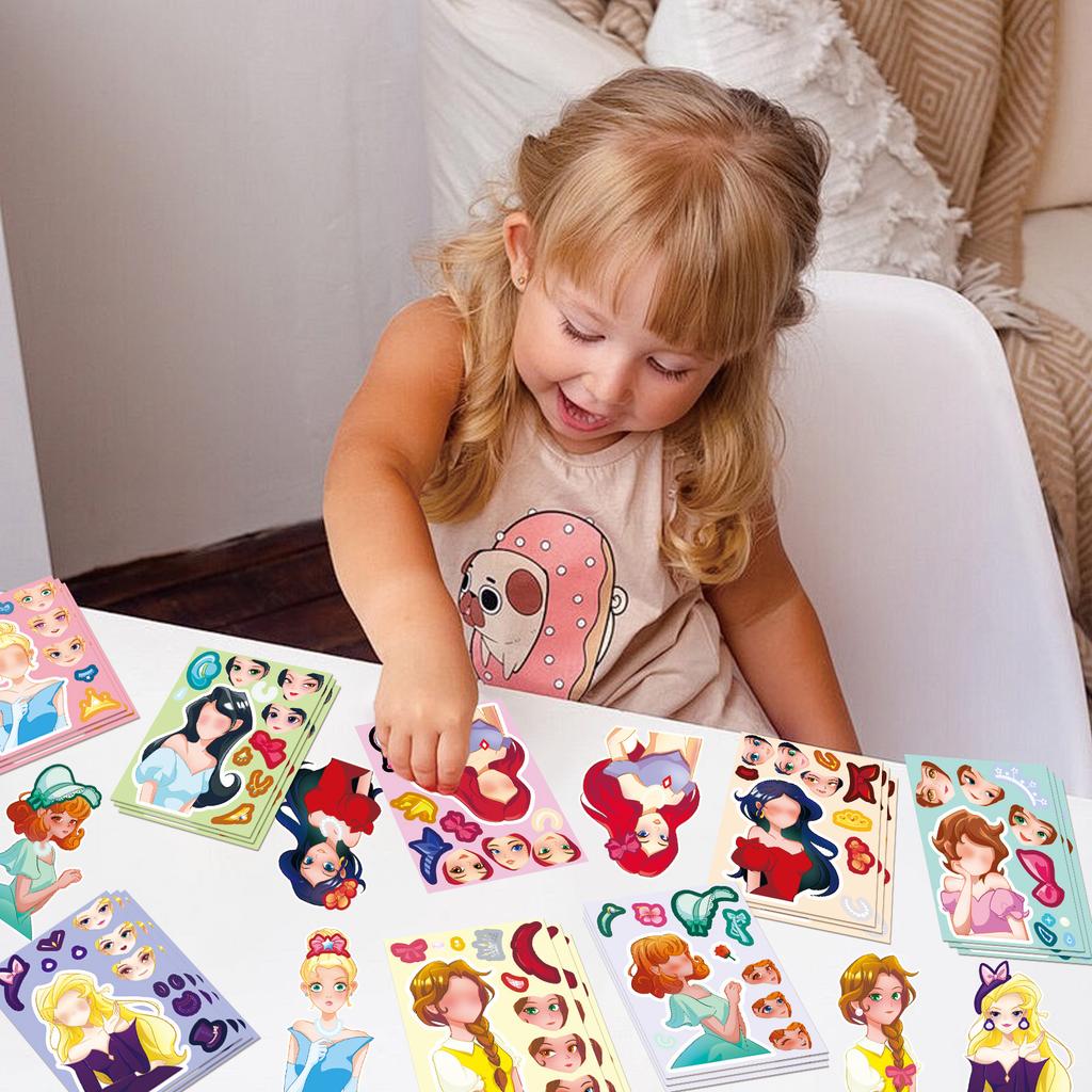 8 Styles/bag Princess Face Swap Set Stickers Cartoon Cute Children Baby Puzzle DIY Early Education Puzzle Stickers
