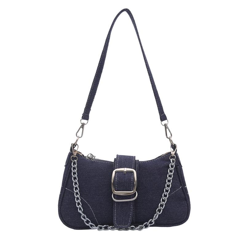 

Textured denim small bag women s new style fashion shoulder messenger bag chain underarm baguette bag