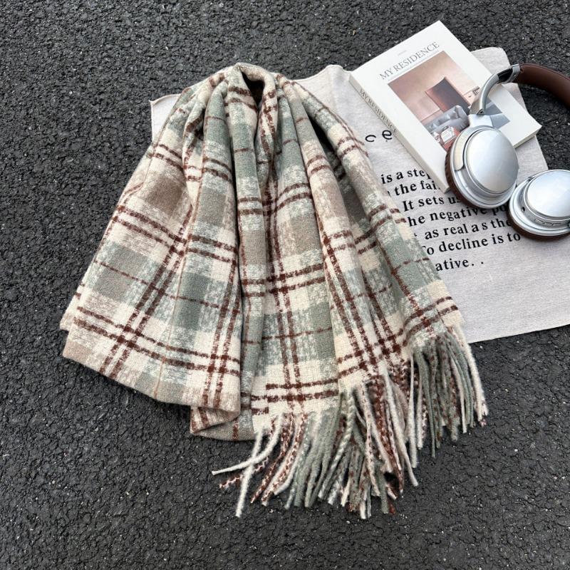 Retro new plaid scarf women's autumn and winter versatile warm thickened imitation cashmere shawl scarf dual-purpose