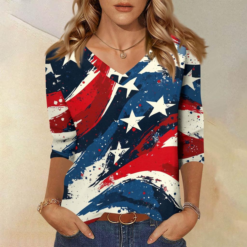 Women's Tops Three-quarter Sleeve Shirt V-neck Loose Casual Shirt Floral Print T-shirt