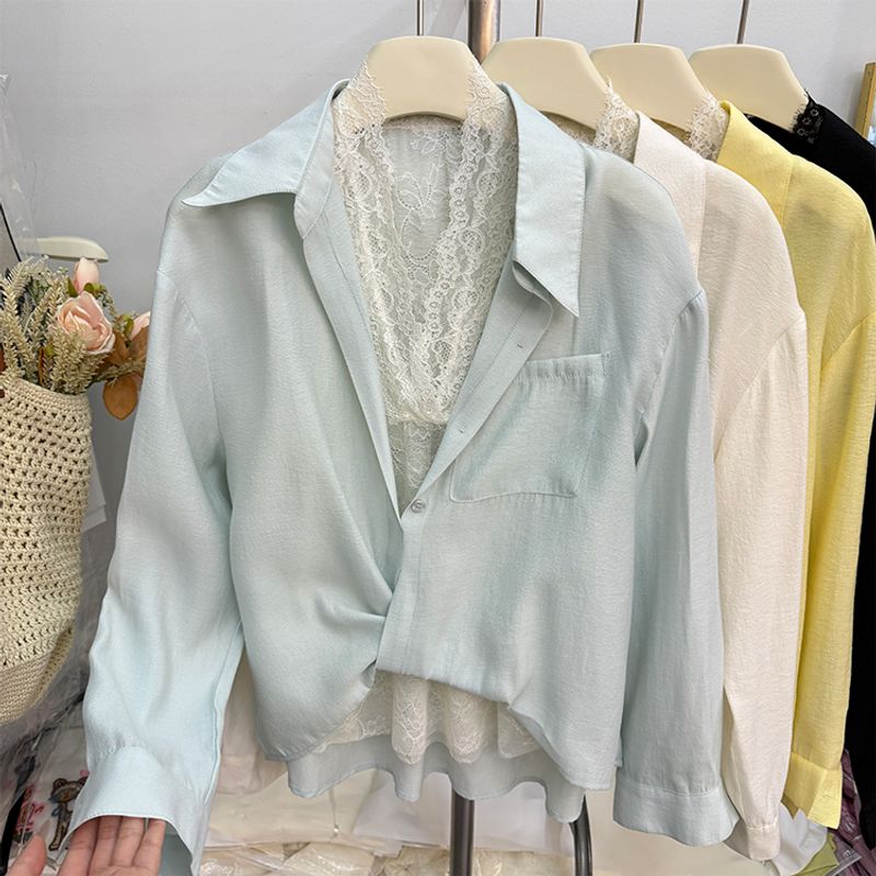 

Special Offer Sun Protection Long Sleeves Shirt Lace Vest Two-Piece Set Women s 2025 Spring Clothes New Arrival Fancy Small Shirt Top Tide Blue Two-piece set L