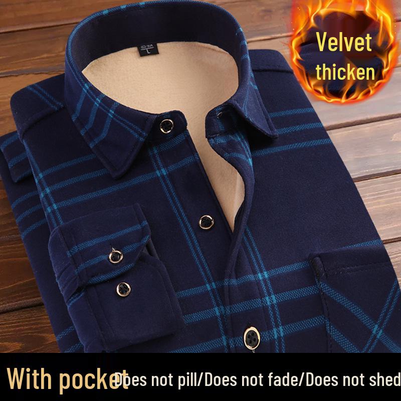 Men's Retro Plaid Fleece-lined Winter Shirt - Thick, Warm, Long-sleeved Casual Top for Middle-aged and Elderly