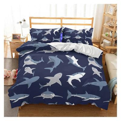 Blue and White Cartoon Shark Fish Print Kids Duvet Cover Boys Girls Luxury Room Decoration for Children Teens Gift Queen Size
