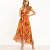Boho Style Elegant Floral Print Long Dress Woman Summer V Neck High Waist Party Dress Summer Short Sleeve Sexy Maxi Dress