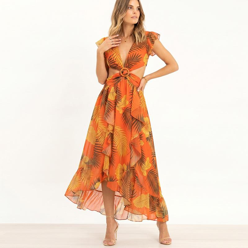 Boho Style Elegant Floral Print Long Dress Woman Summer V Neck High Waist Party Dress Summer Short Sleeve Sexy Maxi Dress