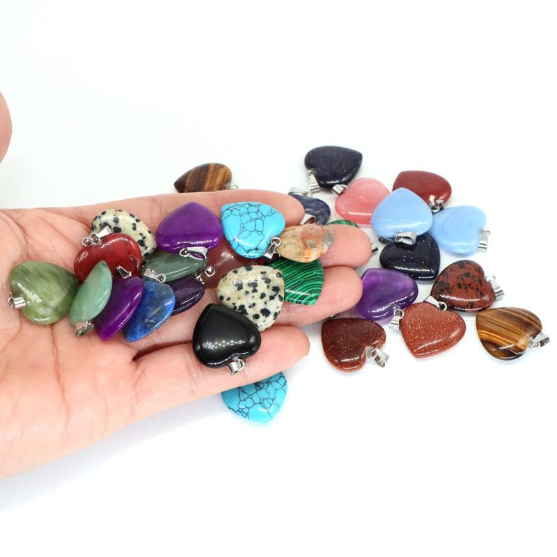 10PC/Set Love Heart Shaped Pendant Natural Stone Rose Quartz Crystal Turquoise Tiger Eye Aventurine Jewelry Making Necklace 20mm