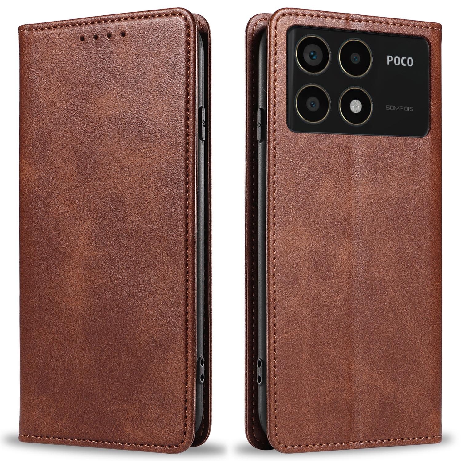 

For Xiaomi Redmi K70 5G/K70 Pro 5G/Poco F6 Pro 5G Case Stand Leather Phone Cover Calf Texture Brown