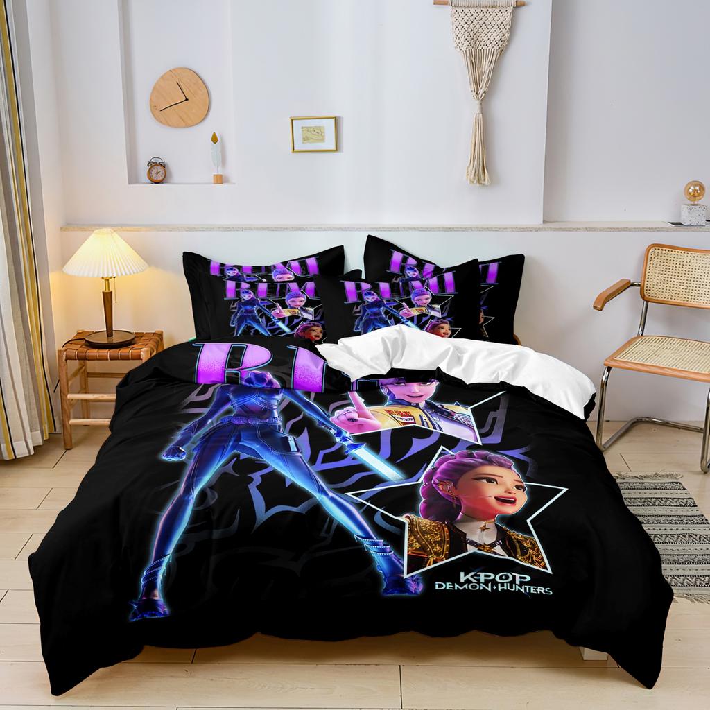 K-Pop Bedding Set Demon Hunters Themed Pink or Black Other Side Print Polyester Student Dormitory Duvet Cover Boys Girls Gift