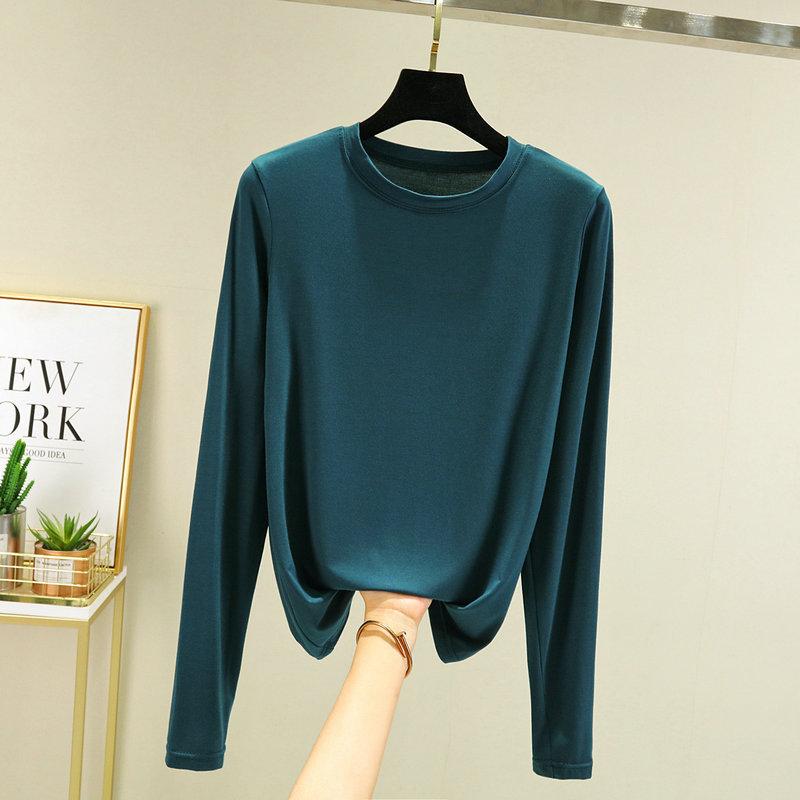 Women's Crew Neck Long Sleeve Tee Slim Fit Commuter Casual Top Solid Color Modal Fabric Stretchy Basic Layering Shirt For Autumn Daily Inner Wear