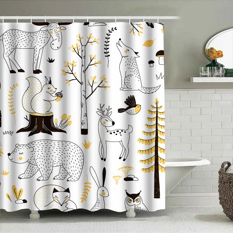 Woodland Animal Shower Curtain Set Black White Design With Yellow Accents For Bathroom Decor