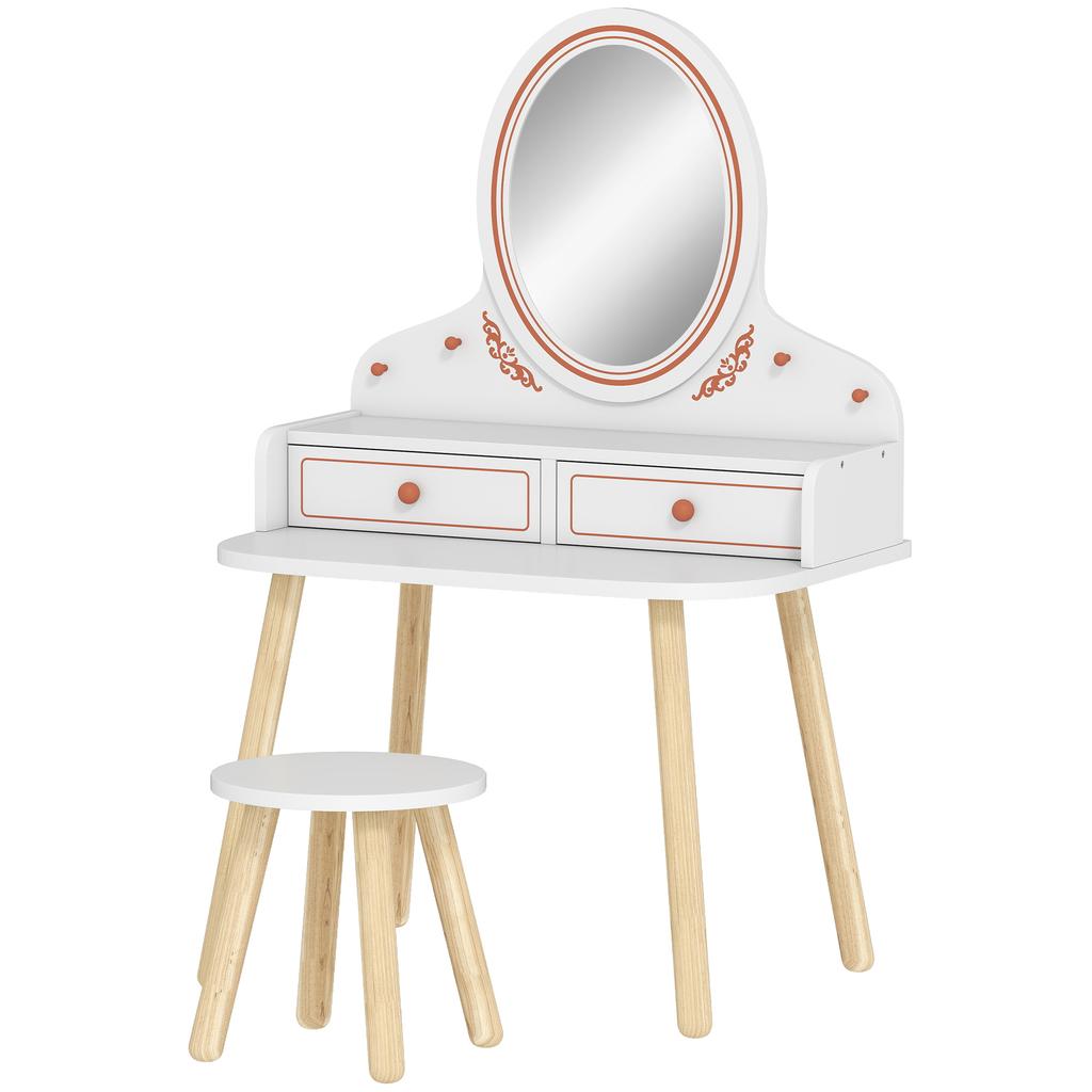 Kids Vanity Table Set Dressing Table with Stool Mirror Drawers Clothes Rails for 3-8 Years 56 X 38 X 87.8 Cm White