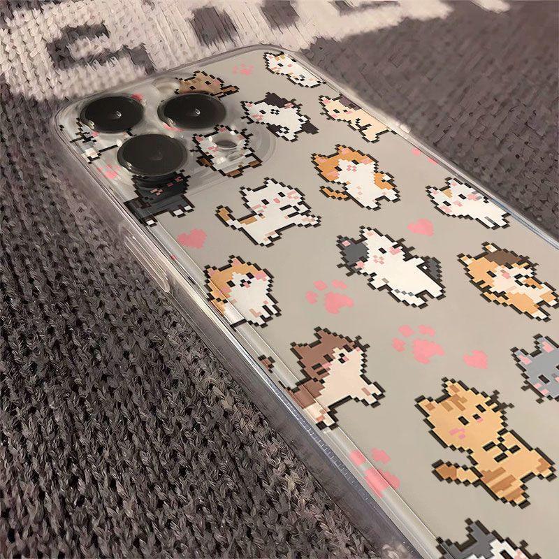 Transparent Shockproof Phone Case for IPhone 17 16 15 14 13 12 11 Pro Max IPhone 16 15 14 Plus Adorable Pixelated Kittens