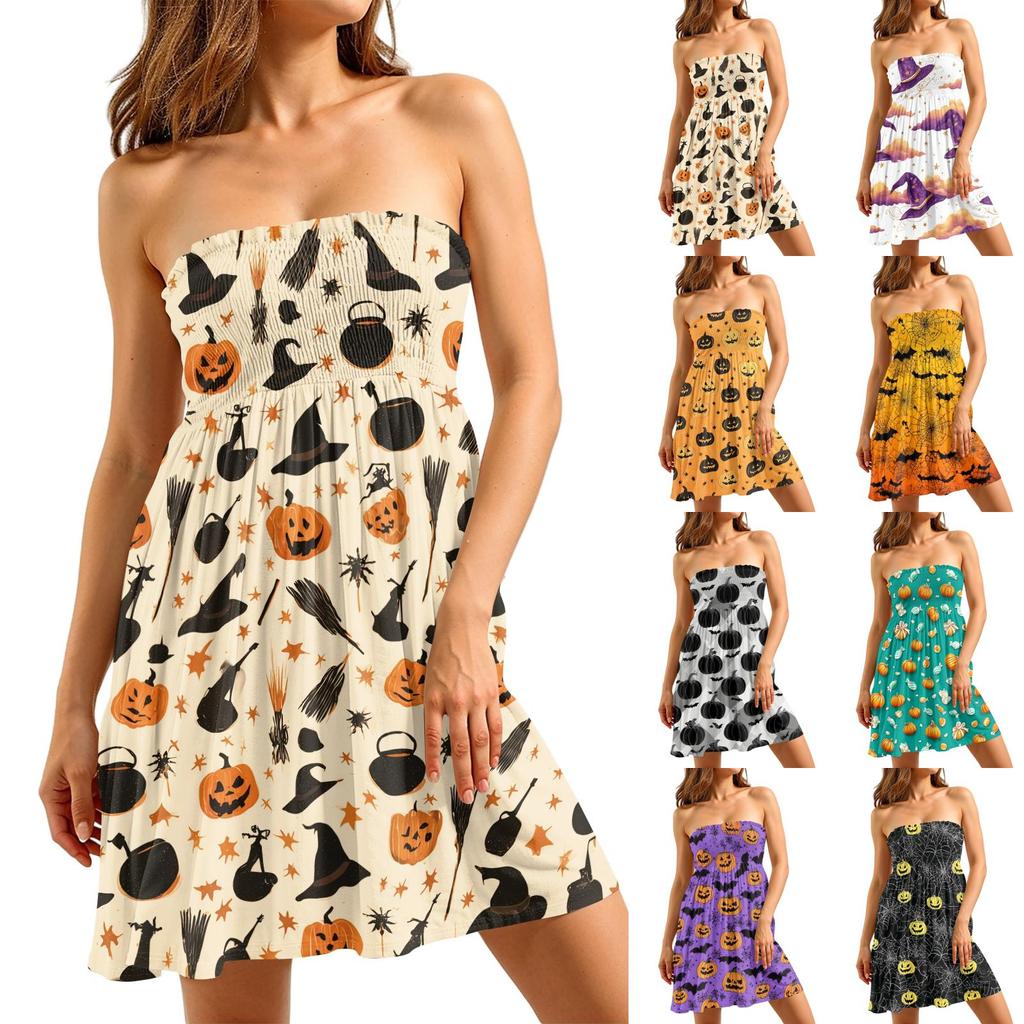 Women Casual Strapless Dress Halloween Print Sleeveless Mini Dress Summer Beachwear Party Dress